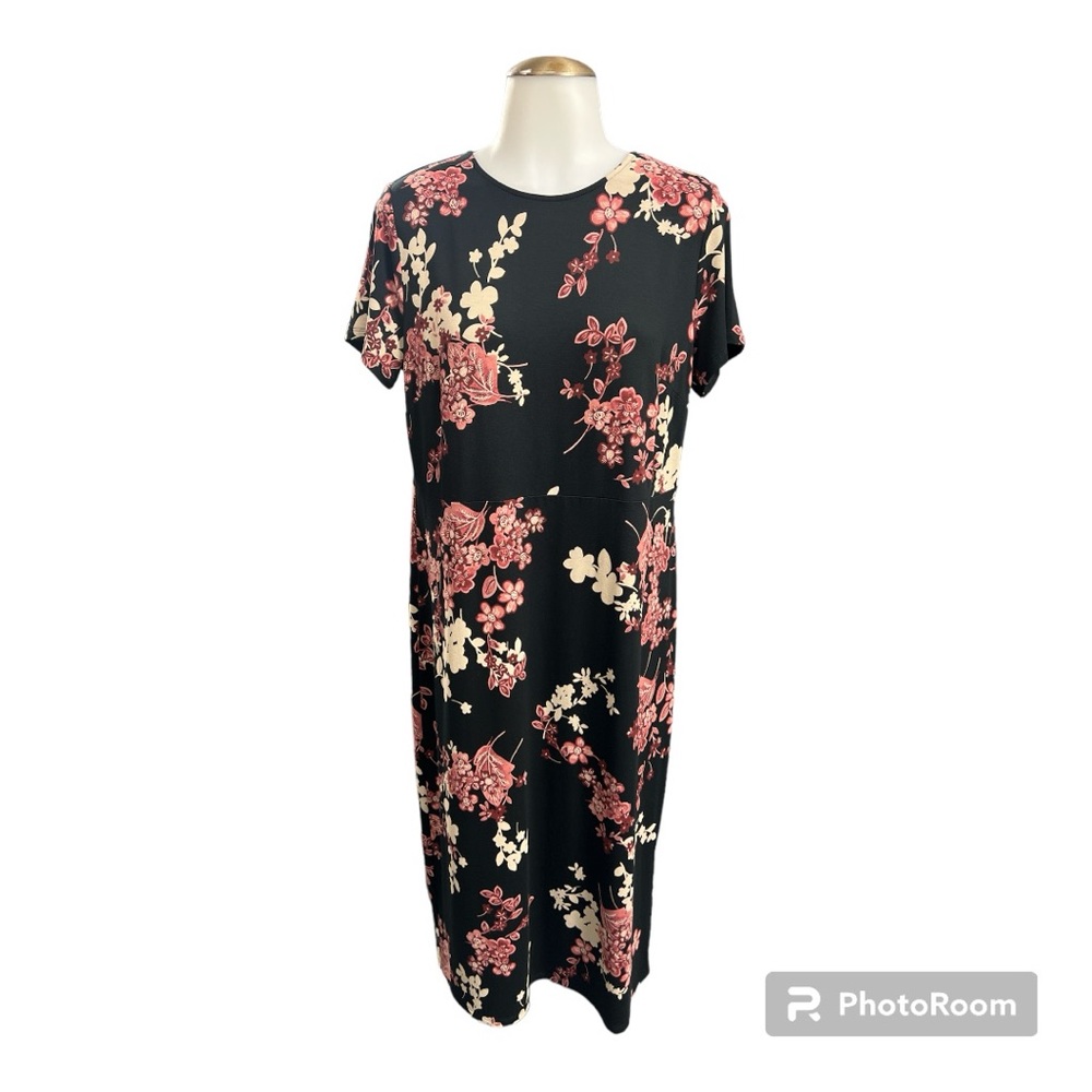 J.Jill Wearever Collection Soft Stretchy Jersey Knit Midi Dark Floral Dress S